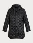 Marina Rinaldi Blasone Quilted Zip front Hooded Curved Hem Puffer in Black