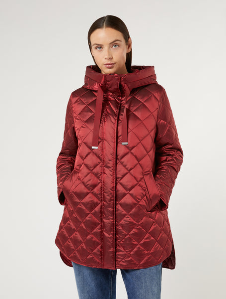 Marina Rinaldi Blasone Quilted Zip front Hooded Curved Hem Puffer in Red