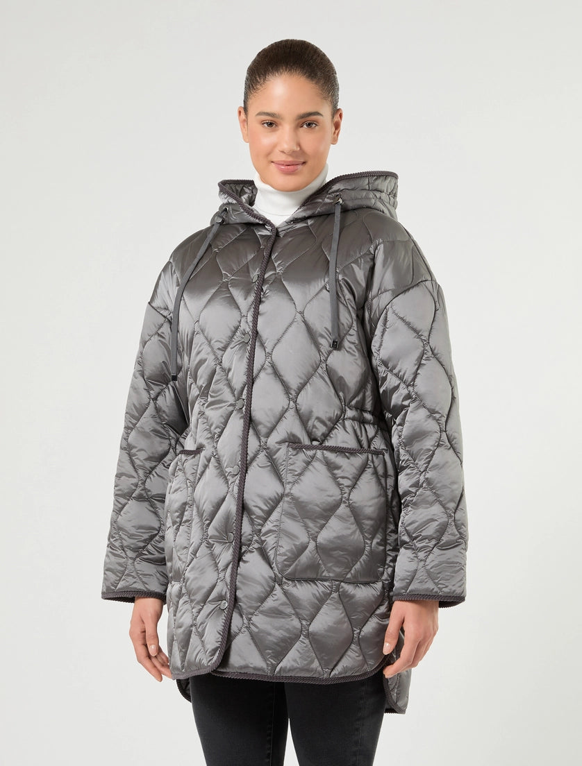Medium gray quilted puffer jacket with zip front and attached hood, diamond quilting