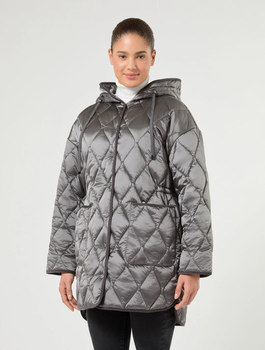 Medium gray quilted puffer jacket with zip front and attached hood, diamond quilting