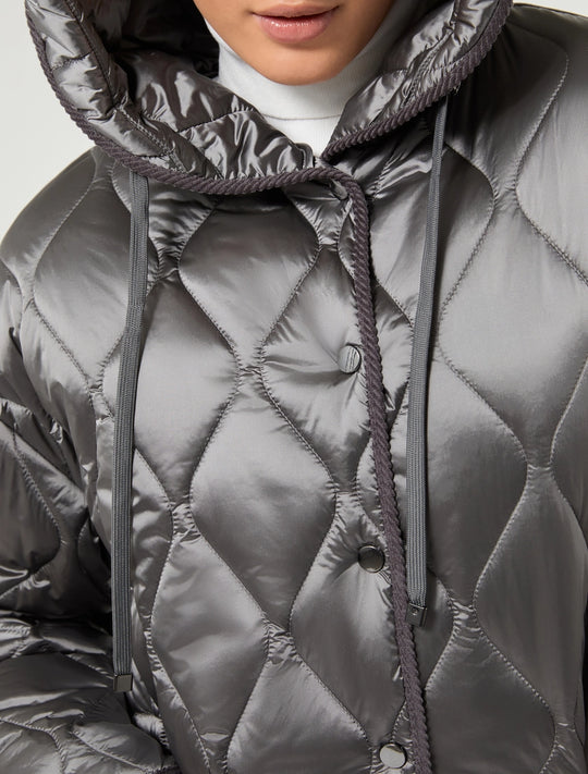 Medium gray quilted puffer zip jacket with hood, diamond stitching and snap-tab pockets