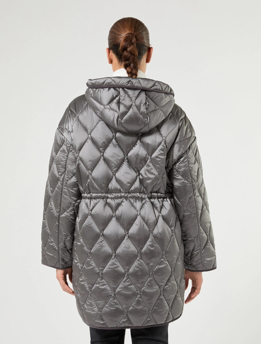 Medium gray quilted puffer zip jacket with hood, diamond quilt pattern on the back