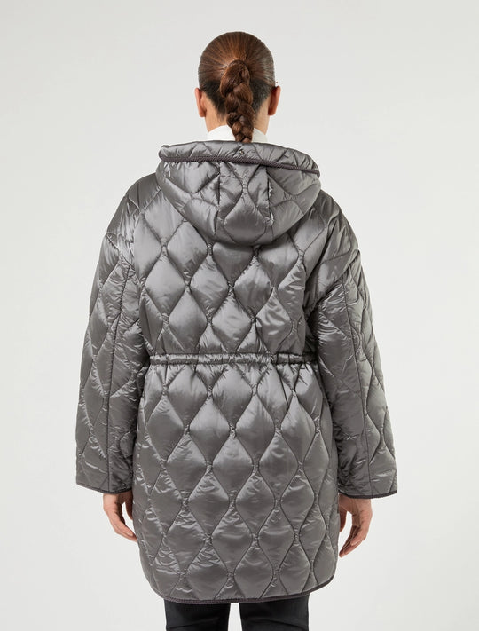 Medium gray quilted puffer zip jacket with hood, diamond quilt pattern on the back