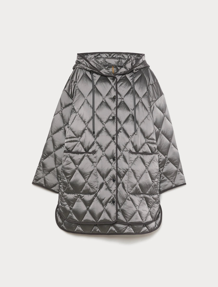 Medium gray quilted hooded puffer jacket with zip front, diamond stitching and curved hem