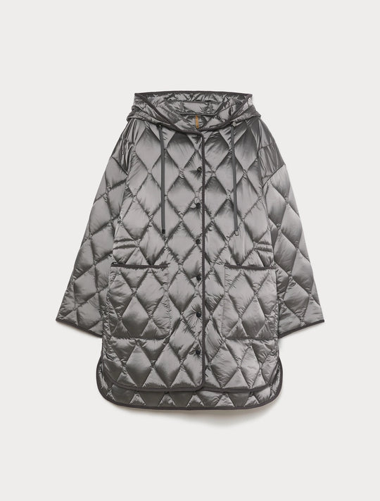 Medium gray quilted hooded puffer jacket with zip front, diamond stitching and curved hem