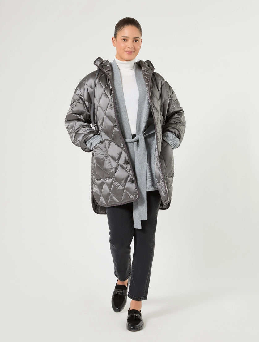 Medium gray quilted hooded puffer jacket with zip front and side pockets, mid length