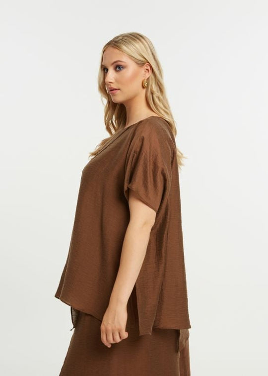 side view of plus size Mat Short Sleeve Top with Layered Hi Lo Hem in Chocolate