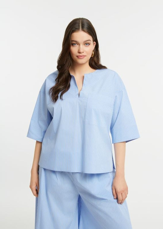 front view of plus size Mat Pinstriped Popover Short Sleeve Top with Split Neck in Blue