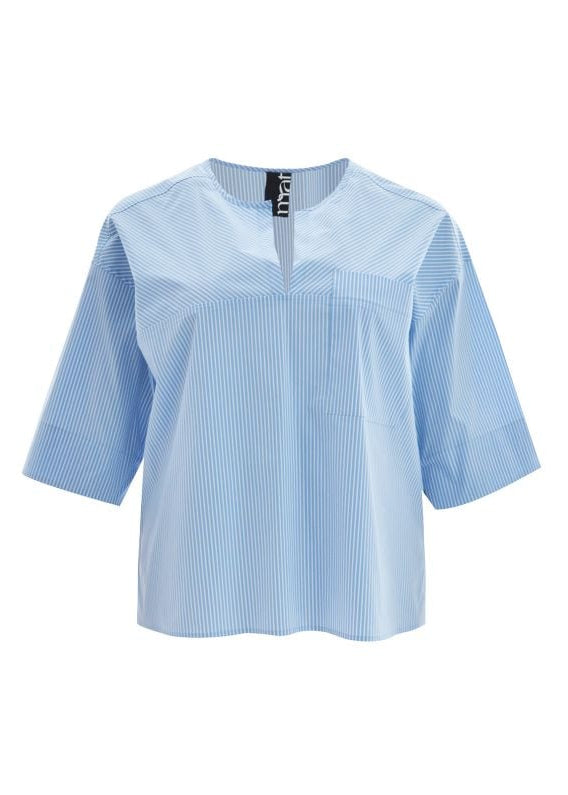 front view of plus size Mat Pinstriped Popover Short Sleeve Top with Split Neck in Blue