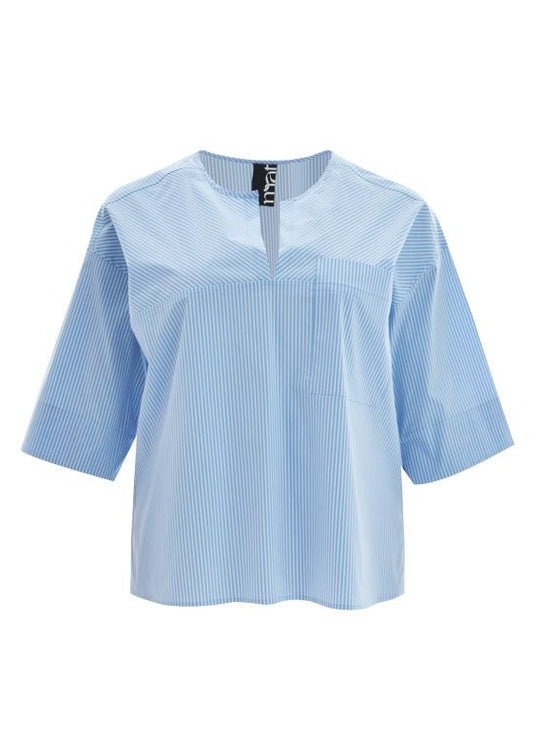 front view of plus size Mat Pinstriped Popover Short Sleeve Top with Split Neck in Blue