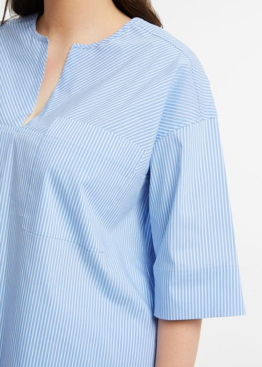 close up front view of plus size Mat Pinstriped Popover Short Sleeve Top with Split Neck in Blue