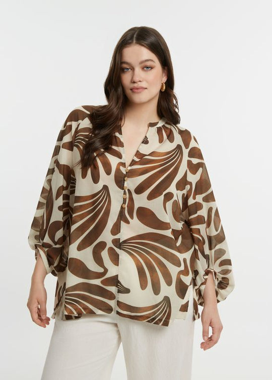 front view of plus size Mat Print Blouse with Split Neck in Caramel