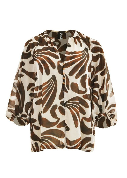 front view of plus size Mat Print Blouse with Split Neck in Caramel