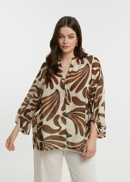 front view of plus size Mat Print Blouse with Split Neck in Caramel