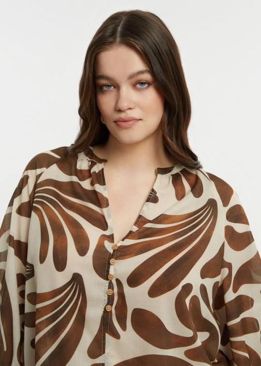 close up front view of plus size Mat Print Blouse with Split Neck in Caramel