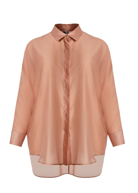 front view of plus size Mat Long Sleeve Button Front Oversize Sheer Shirt in Peach