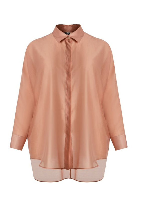 front view of plus size Mat Long Sleeve Button Front Oversize Sheer Shirt in Peach