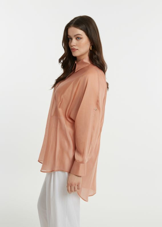 side view of plus size Mat Long Sleeve Button Front Oversize Sheer Shirt in Peach