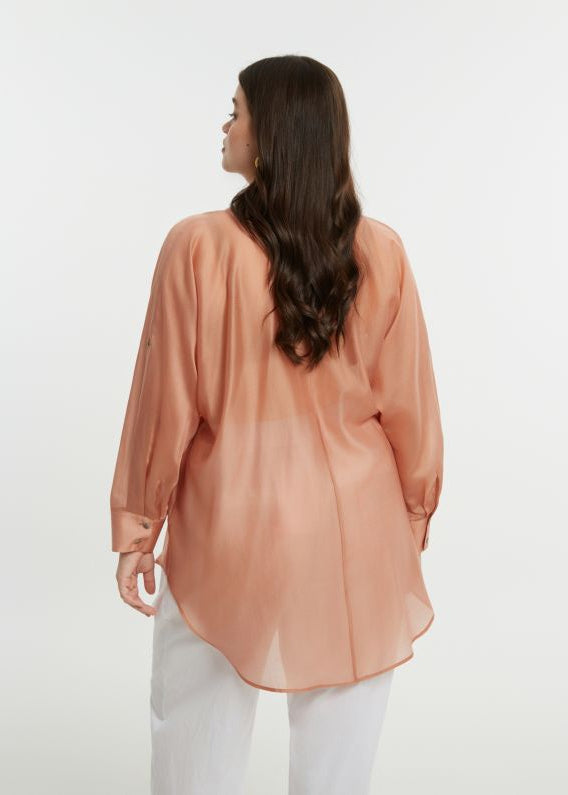 back view of plus size Mat Long Sleeve Button Front Oversize Sheer Shirt in Peach