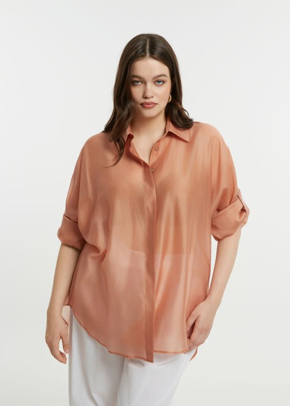 front view of plus size Mat Long Sleeve Button Front Oversize Sheer Shirt in Peach