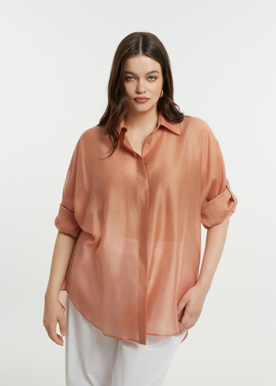 front view of plus size Mat Long Sleeve Button Front Oversize Sheer Shirt in Peach