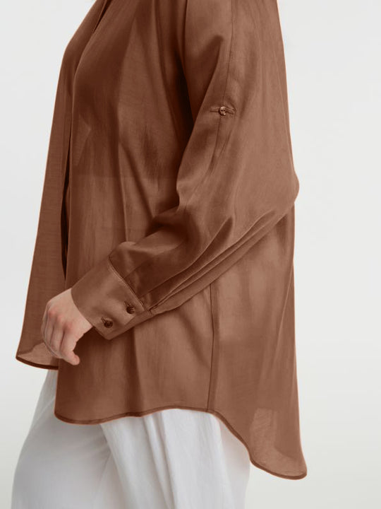 Mat Long Sleeve Button Front Oversize Sheer Shirt in Brown