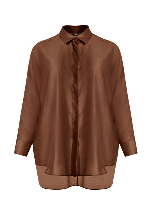 Mat Long Sleeve Button Front Oversize Sheer Shirt in Brown