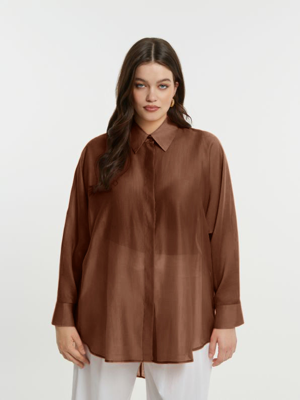 Mat Long Sleeve Button Front Oversize Sheer Shirt in Brown