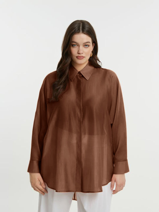 Mat Long Sleeve Button Front Oversize Sheer Shirt in Brown