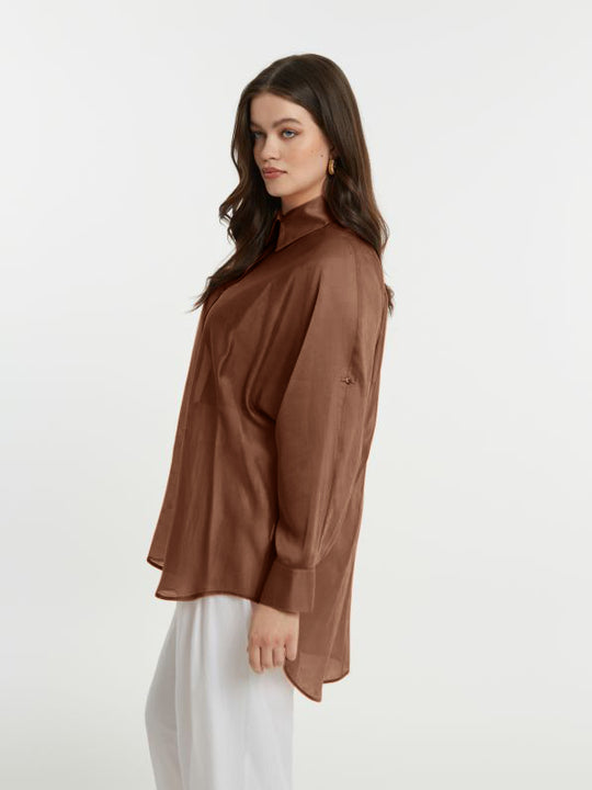 Mat Long Sleeve Button Front Oversize Sheer Shirt in Brown