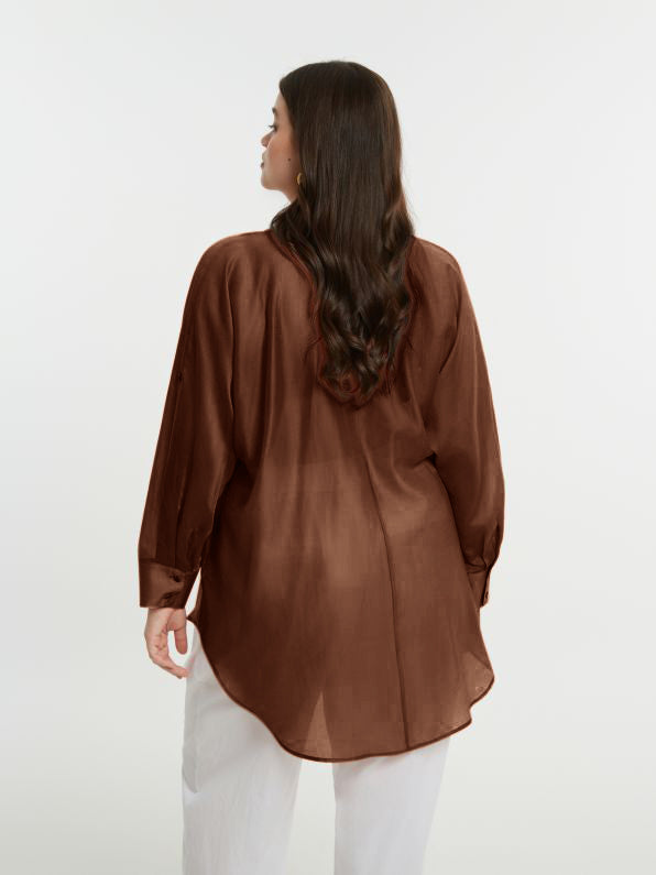 Mat Long Sleeve Button Front Oversize Sheer Shirt in Brown