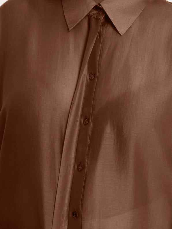 Mat Long Sleeve Button Front Oversize Sheer Shirt in Brown