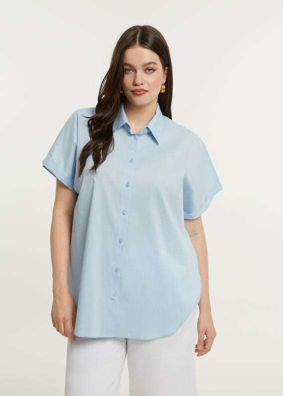 front view of plus size Mat Short Sleeve Button front Stretch Cotton Shirt in Light Blue