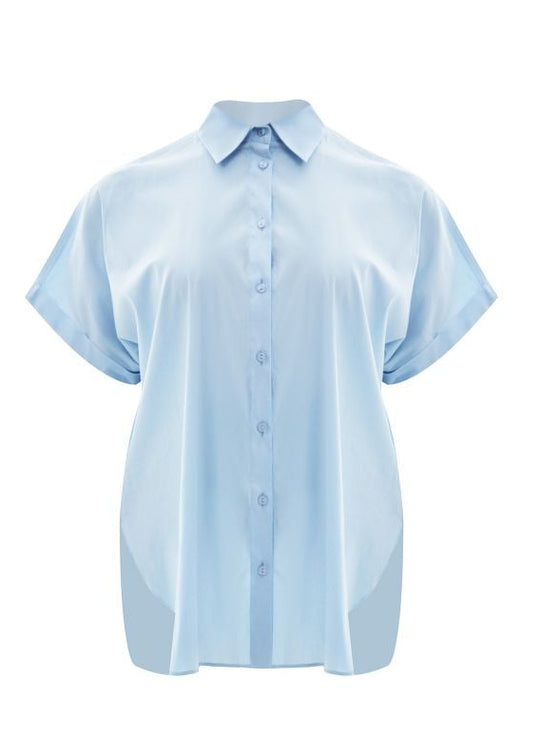 front view of plus size Mat Short Sleeve Button front Stretch Cotton Shirt in Light Blue