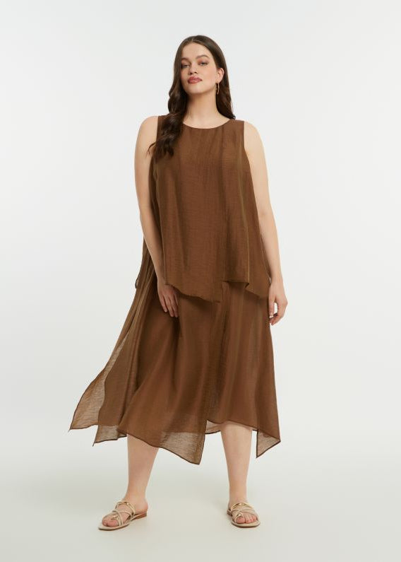 front view of plus size Mat Sleeveless Layered Uneven Hem Dress in Chocolate