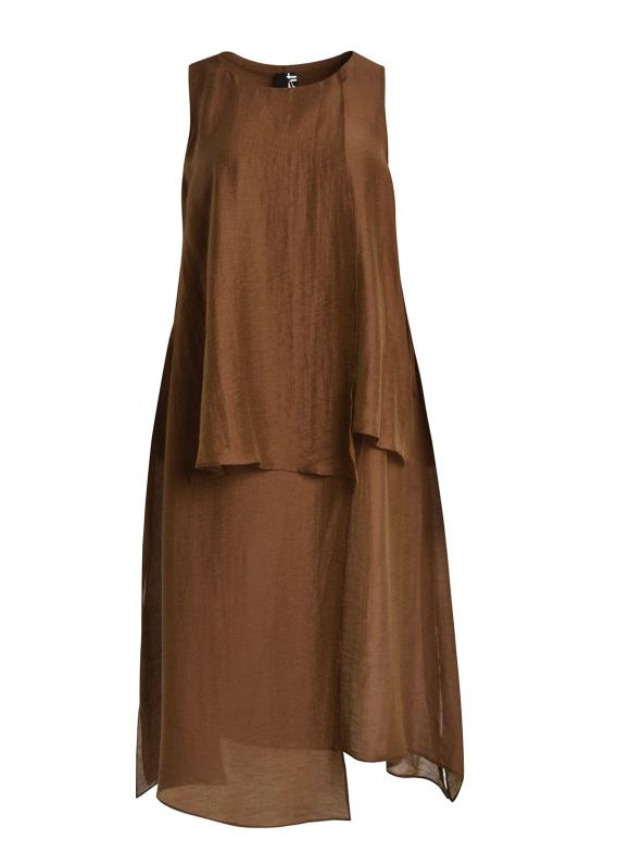 front view of plus size Mat Sleeveless Layered Uneven Hem Dress in Chocolate