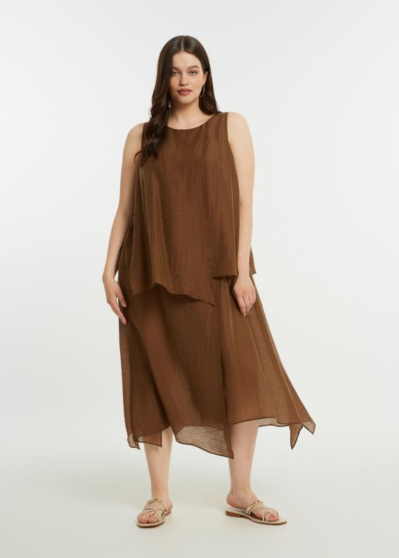 front view of plus size Mat Sleeveless Layered Uneven Hem Dress in Chocolate