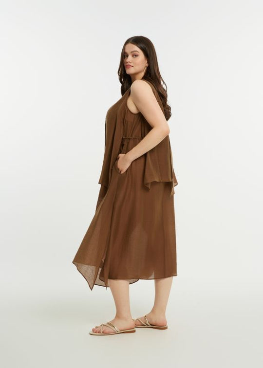 side view of plus size Mat Sleeveless Layered Uneven Hem Dress in Chocolate
