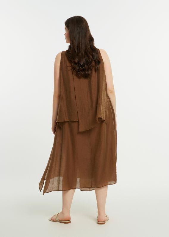 back view of plus size Mat Sleeveless Layered Uneven Hem Dress in Chocolate