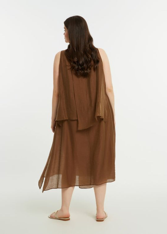 back view of plus size Mat Sleeveless Layered Uneven Hem Dress in Chocolate