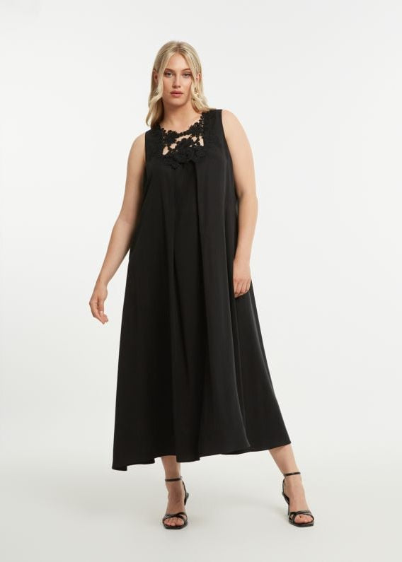 front view of plus size Mat Tencel sleeveless Lace Bodice Maxi Dress in Black