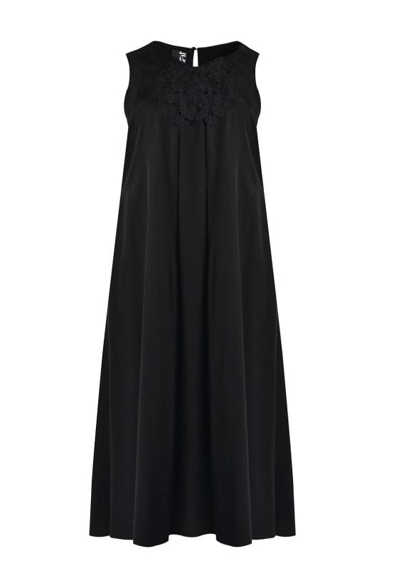 front view of plus size Mat Tencel sleeveless Lace Bodice Maxi Dress in Black