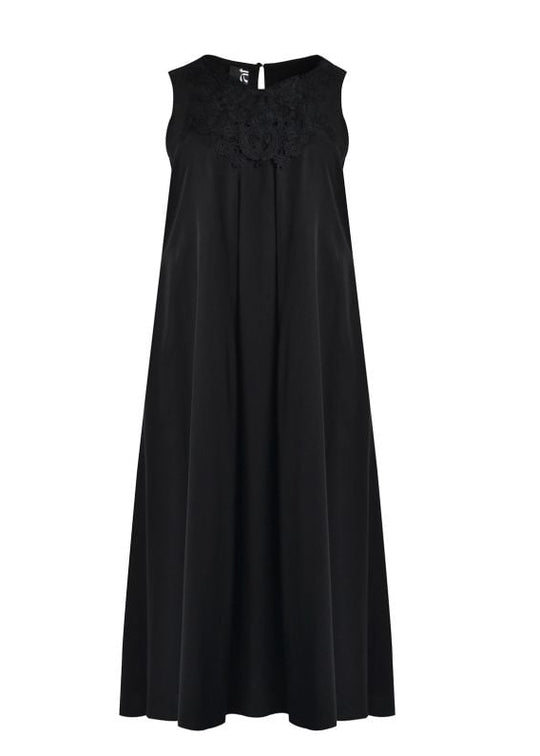 front view of plus size Mat Tencel sleeveless Lace Bodice Maxi Dress in Black