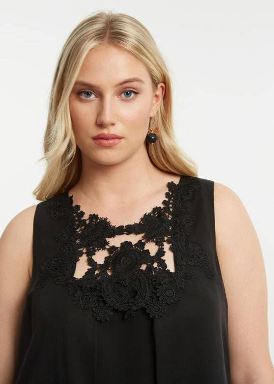 close up front view of plus size Mat Tencel sleeveless Lace Bodice Maxi Dress in Black