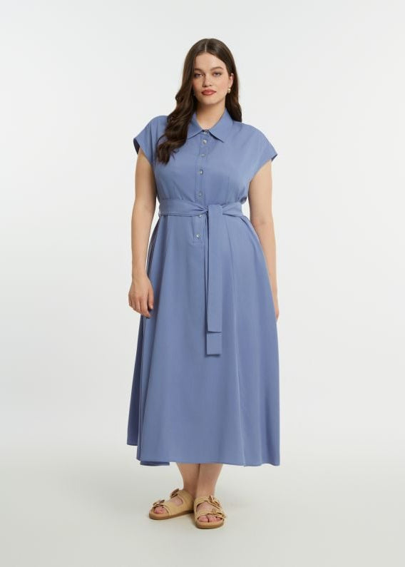 front view of plus size Mat Tencel Shirt Dress with Self Belt in Indigo