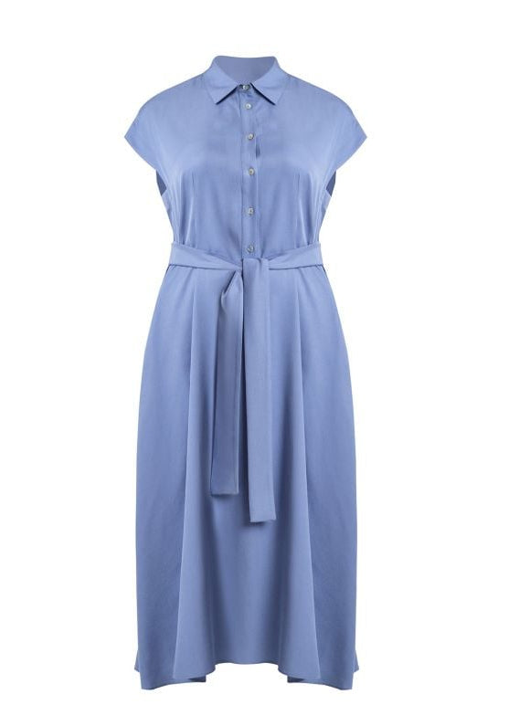 front view of plus size Mat Tencel Shirt Dress with Self Belt in Indigo