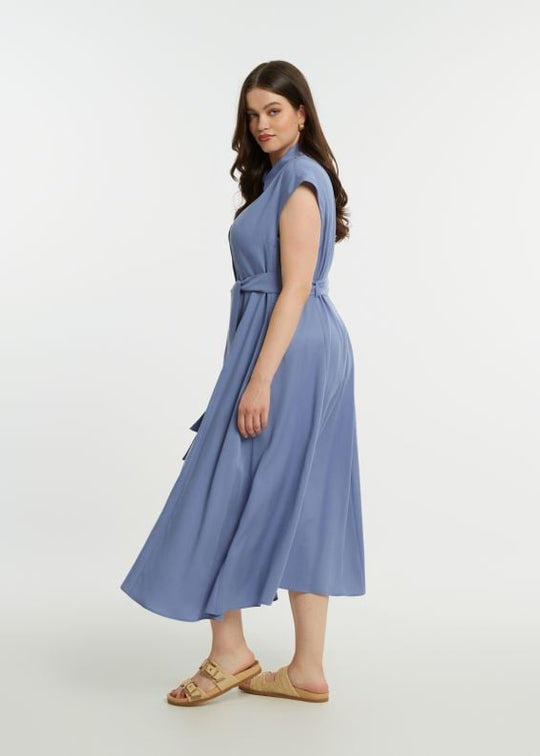 side view of plus size Mat Tencel Shirt Dress with Self Belt in Indigo