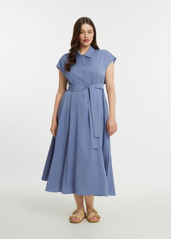 alternative front view of plus size Mat Tencel Shirt Dress with Self Belt in Indigo