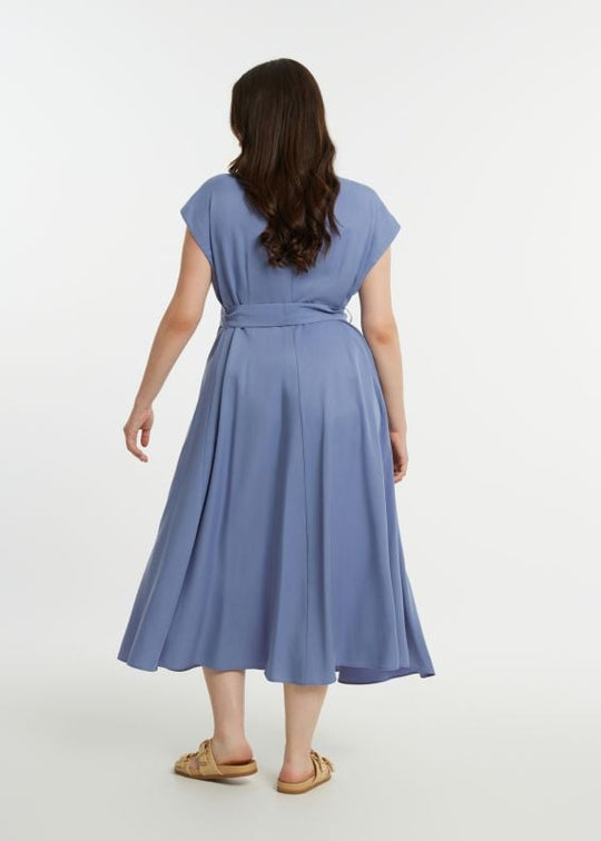 back view of plus size Mat Tencel Shirt Dress with Self Belt in Indigo