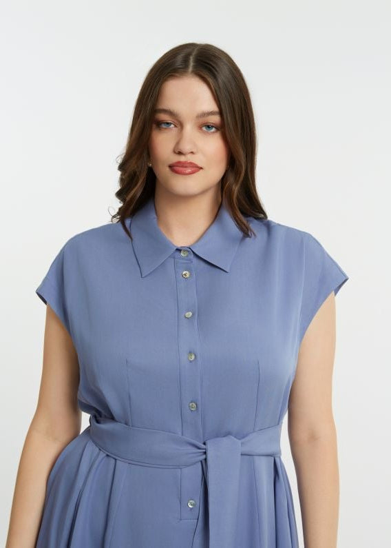close up front view of plus size Mat Tencel Shirt Dress with Self Belt in Indigo